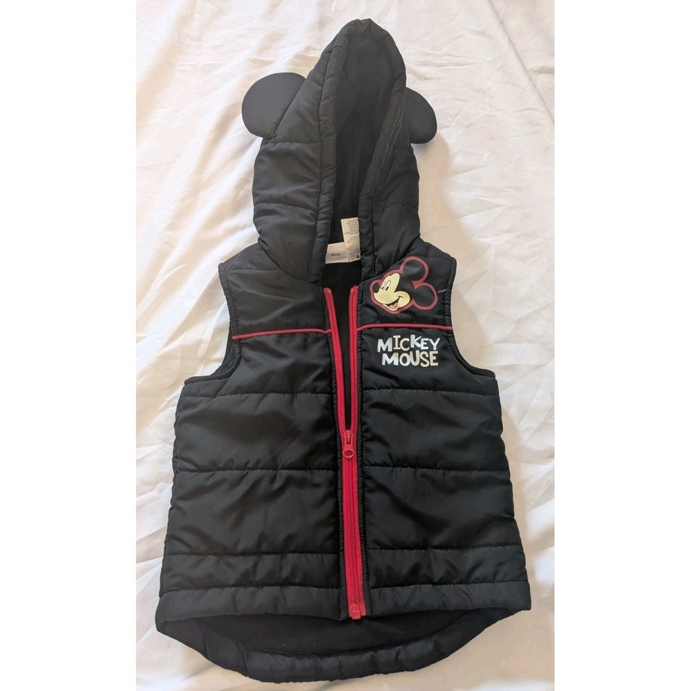 Disney Boys 2T Mickey Mouse Black Puffer Vest With Mouse Ears Hoodie